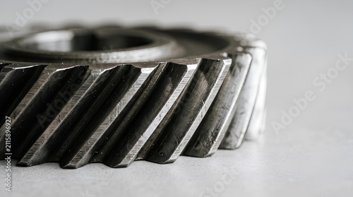 Angled teeth of a hardened helical gear wheel on a light grey background