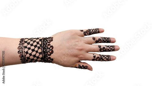 elegant, modern bracelet‑style mehndi design featuring intricate lace and floral patterns beautifully applied across the hand and fingers, blending tradition with contemporary artistry.