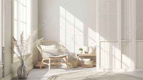 Bright Minimalist Living Room with Sunlit White Interiors and Natural Decor