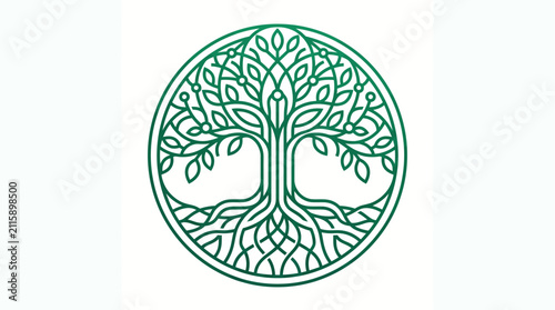 Minimalist green line art illustration of a circular tree of life symbol.