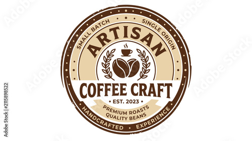 Vintage style round coffee shop logo design with coffee beans and text elements.