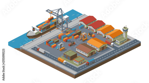 Busy Isometric Port with Cargo Ships and Cranes.