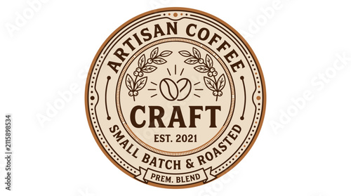Vintage style round logo badge for artisan coffee shop small batch roasted beans.