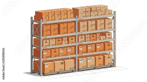 Industrial warehouse metal shelving units filled with stacked cardboard boxes for storage and logistics.