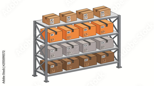Industrial metal shelving unit filled with cardboard boxes in a warehouse setting.