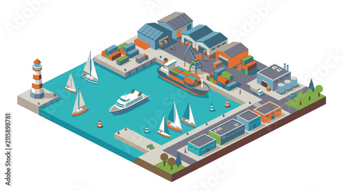 Isometric Harbor Scene with Boats and Buildings.