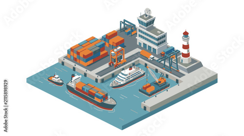 Isometric Port Scene with Ships and Containers.