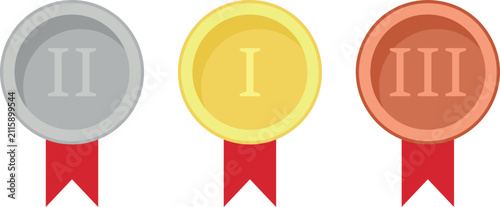 Gold, silver and bronze award badges with Roman numerals I, II and III for first, second and third place. Trendy minimalist vector design, simple clean shapes, subtle ribbon detail at the bottom