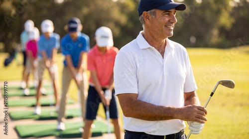 Smiling golf coach standing on driving range during group lessons