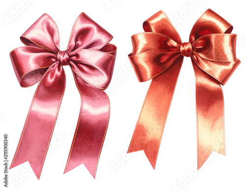 Two Satin Ribbon Bows in Pink and Copper Isolated on a Black Background