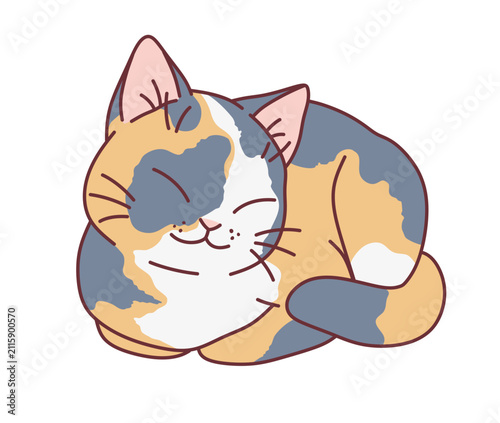 Sleepy calico cat. Vector illustration. Cute cats series. 