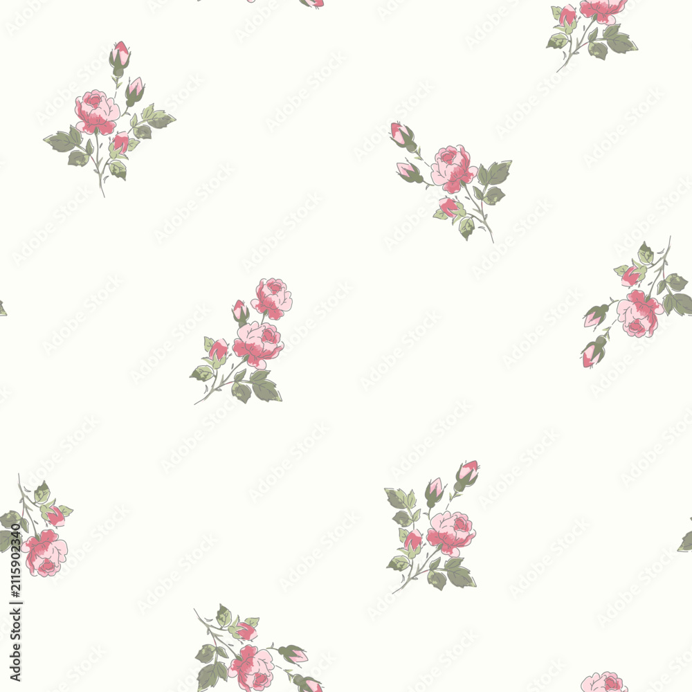 Obraz premium Vintage Ditsy Rose Seamless Pattern with Romantic Pink Cottage Garden Flowers on Soft Cream Background