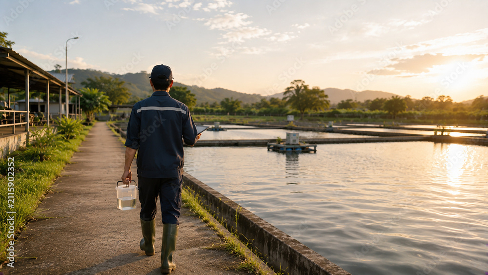 Naklejka premium Aquaculture worker carrying sample container and tablet at sunset