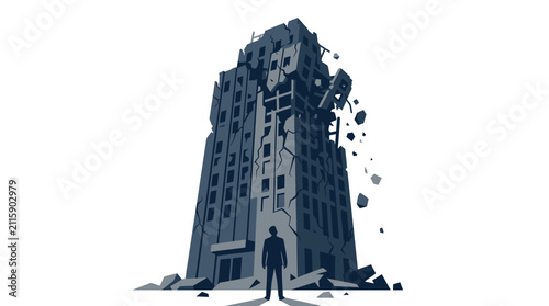 Silhouette of a businessman looking at a collapsing skyscraper with visible cracks and falling debris, flat design illustration representing economic crisis and financial failure.