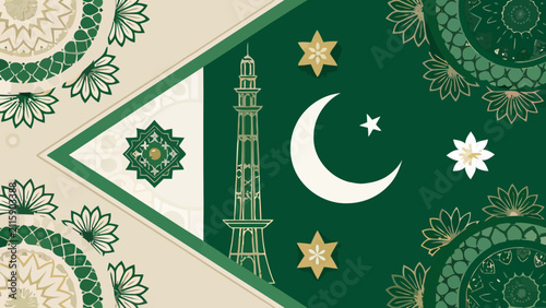 Fotografie Vibrant pakistan national flag with intricate geometric and floral pattern desig