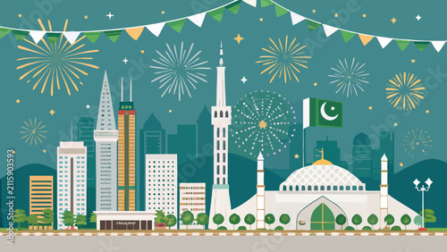 Foto Vibrant city skyline celebration with fireworks with blending modern architectur