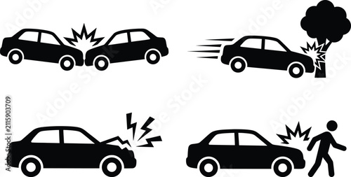 Car accident icon set, black vehicle crash silhouettes, auto collision and road safety symbols, insurance claim vector graphics