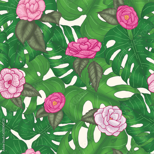 Monstera leaves and camellia flowers seamless pattern