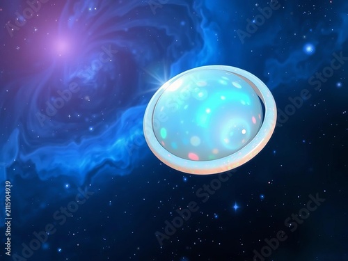 Opal ring floats against a deep blue nebula with swirling clouds of gas and stars shining bright, floating, cosmic