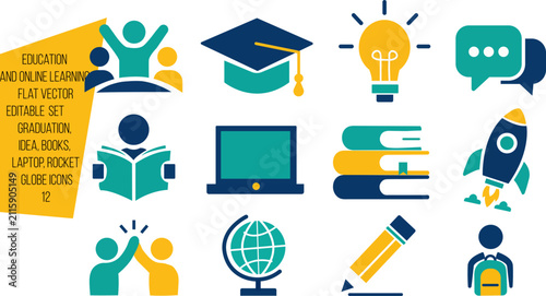 Education and online learning icons with graduation cap, lightbulb, laptop, rocket, globe, books, pencil, student and school backpack