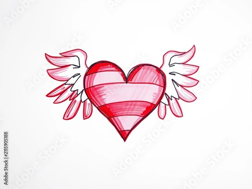 Hand-drawn heart with red and pink stripes and Cupid wings, ||pink, red