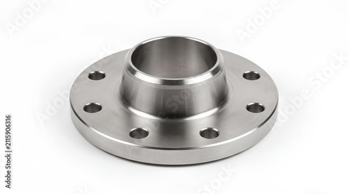 Steel pipe flange isolated on a white background from a raised three quarter angle