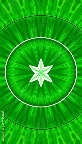 A green crescent-shaped pattern with a white five-pointed star in the center, surrounded by a circular shape, five-pointed, iconic