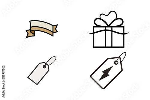 Set of simple outline icons featuring ribbon banner wrapped gift box blank price tag and flash symbol tag for commercial design projects.