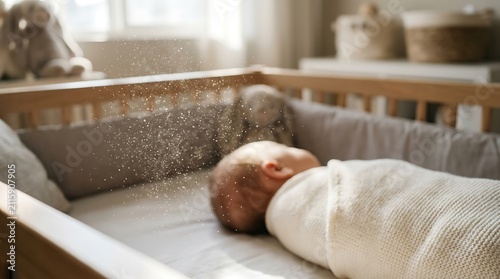 Newborn baby sleeping wrapped in soft blanket within wooden crib in sunlit nursery room with displays peaceful newborn illuminated soft sunlight
