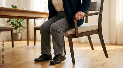 Senior person sitting carefully on wooden chair in brightly lit minimalist dining room interior with elderly individual sitting