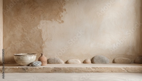 Japanese Wabi Sabi Background Concept. Minimalist rustic interior with textured wall and traditional pottery on shelf