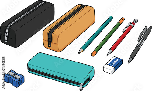 Obraz na plátně School and Office Stationery Vector Set Featuring Fabric Pencil Cases, Pencils,