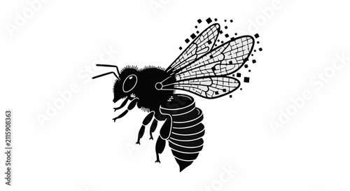 Stylized black and white illustration of a bee in flight with a starburst effect