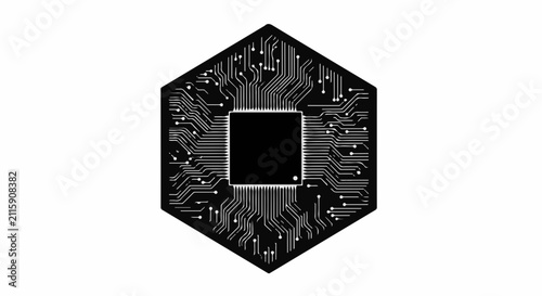 Abstract hexagonal circuit board design with central processor chip, representing technology and data.