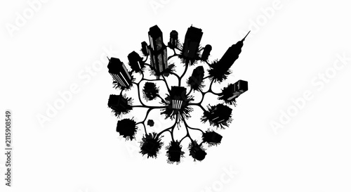 Abstract city skyline illustrated as a growing organism on a white background