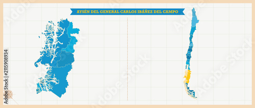 Aysén del General Carlos Ibáñez del Campo Region Highlighted in Chile Map, Modern Chile Administrative Map, Colorful High Detailed Vector with Geographical Borders
