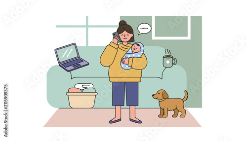 Busy multitasking mother holding a newborn baby and talking on her phone while managing chores and a laptop.