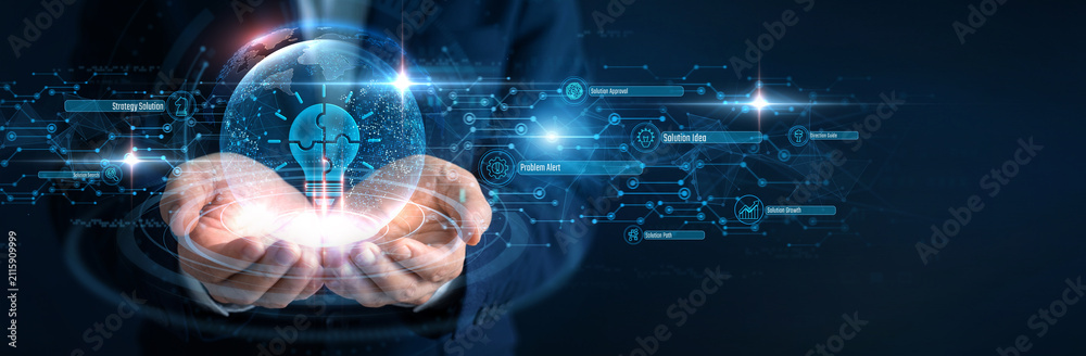 Fototapeta premium Business Consultant Hand hold Solutions and global networking, corporate problem solving strategy innovation, enterprise optimization workflow engine, creative target management vision