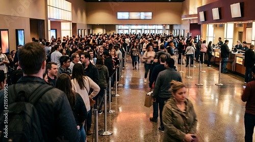 Large crowd standing in long queue inside modern building lobby during busy evening event with organized queue within spacious