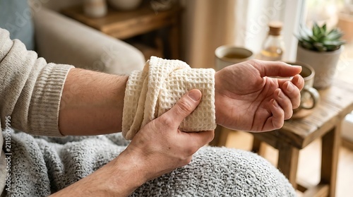 Person applying warm compress to wrist for relief inside cozy home living room setting with sitting comfortably brightly lit home environment