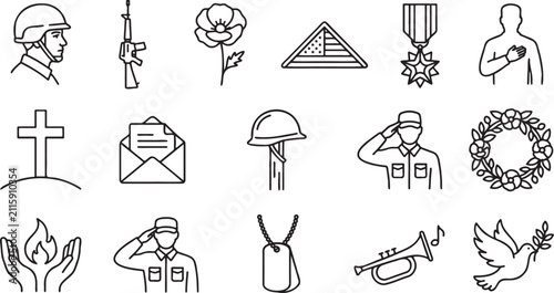 Military Veteran, Memorial Day, Armed Forces Remembrance and Honor Outline Vector Icon Set