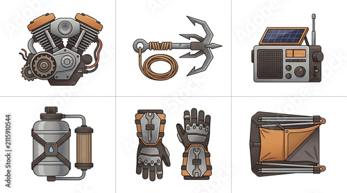 Survival gear and mechanical industrial equipment icon set.
