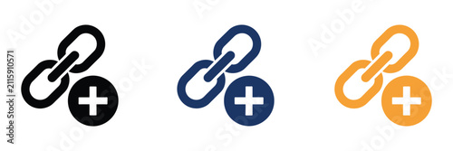 Link building icons featuring abstract chain links, plus sign, hyperlink connection, network integration, URL linking, website optimization, and digital connectivity symbols in outline, solid, and fla