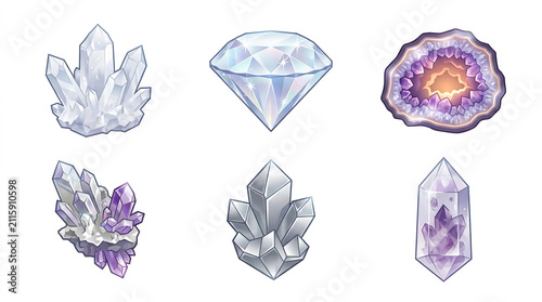 Various crystal clusters and precious gemstone decorative icons.