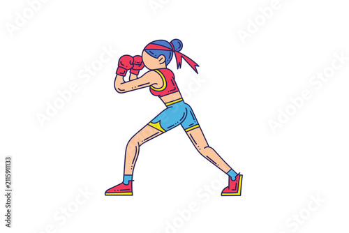 Flat illustration showing a female boxer standing in a fighting stance while wearing boxing gloves. Perfect for fitness, sports, workout, martial arts, health and active lifestyle projects
