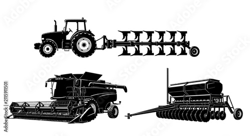 Konstfotografi Agricultural machinery silhouettes with machinery white background black silhoue