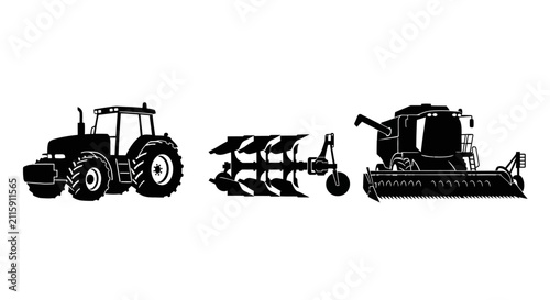 Canvastavla Agricultural machinery silhouettes on white background with black silhouettes tr