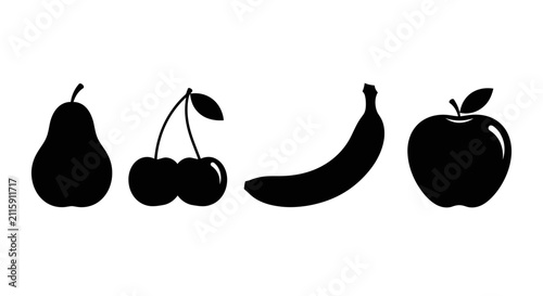 Silhouettes of fresh fruit on white background with silhouettes pear cherries black silhouettes cherries banana healthy cherry apple food with icon