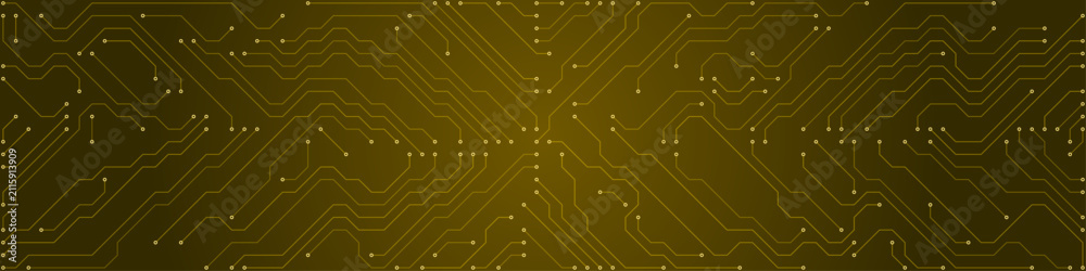 Obraz premium Symmetrical golden circuit board pattern with interconnected lines and nodes on a dark gradient background