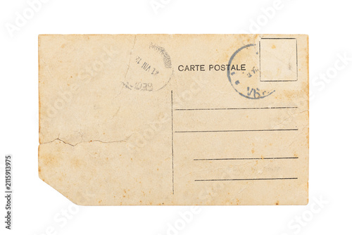 Blank backside of old postcard isolated on white, including clipping path